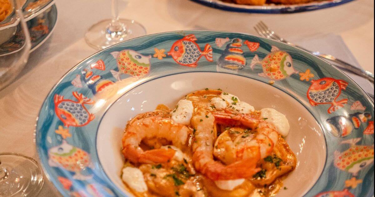 Plato italiano gambas, restaurante La tavernetta del Pirata